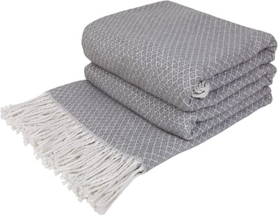 Deken Katoen - Plaid Katoenen voor op de Bank Sofa & Bed, Blanket met Franjes Zomer Winter en Lente, Dekens Zacht, Knuffeldeken Groot (140 x 200 cm | Lichtgrijs met Wit Diamant)
