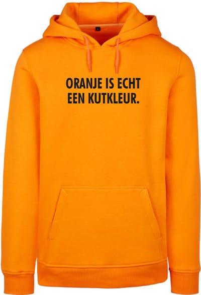Hoodie oranje M - V - Oranje is echt een kutkleur - voorkant - soBAD. - Koningsdag - Unisex - Oranje - Voetbal - Nederland