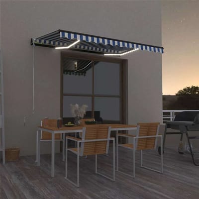 vidaXL - Luifel - handmatig - uittrekbaar - met - LED - 350x250 - cm - blauw - en - wit