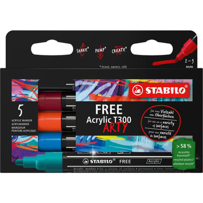 STABILO FREE Acrylic - Acryl Marker - T300 Urban Set - Ronde Punt 2-3 mm - Etui Met 5 Kleuren