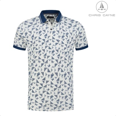 Chris Cayne heren polo - M - offwhite/donkerblauw - geprint - polokraag - jersey - korte mouw - borstzak