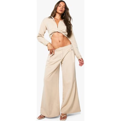 boohoo Dames Linnen Look Plooi Detail Kolom Pijp Broek | Stone | Maat: 10