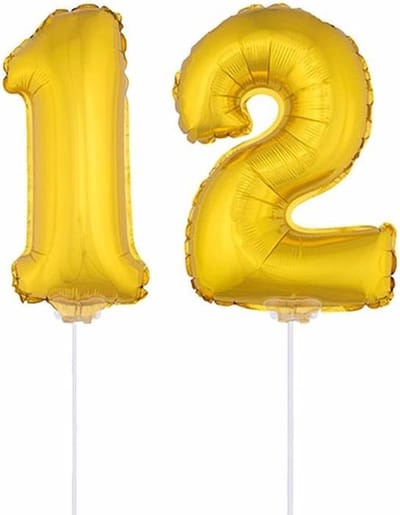 12 jaar leeftijd feestartikelen - versiering cijfers - ballonnen op stokje - van 41 cm - Combi van cijfer 12 - in het goud