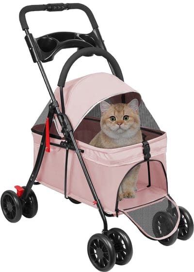 PIPIPOXER Huisdier wandelwagen-reiswagen huisdier-Hondenwagen voor kleine honden en katten tot 15kg-s - boodschappenmand en gaasraam-Vouwen en scheiden met één klik-Oxfordstof-roze