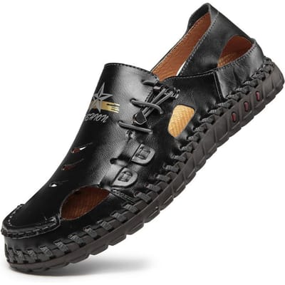 Grote Maat Mannen Leren Strandschoenen Gesloten Teen Leren Sandalen Casual Gaten Zomer Koeienhuid Slippers Zomer 46 black