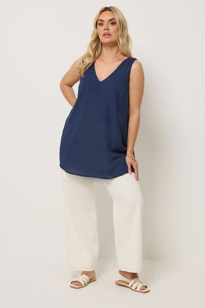Yours Marineblauwe Vhals Mouwloze Top Size 42