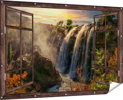 Gards Tuinposter Doorkijk Watervallen vanaf de Kliffen - 180x120 cm - Tuindoek - Tuindecoratie - Wanddecoratie buiten - Tuinschilderij