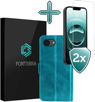 Hoesje Met 2x Screenprotector - Geschikt voor Apple iPhone 16e - Luxe Pasjeshouder - Flip Case - Bookcase Portemonee - Kunstleer Book Case - Flipcase Hoes - Book Cover - Walletcase - Portemonneehoes - Turquoise