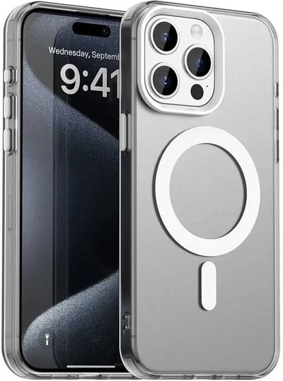 MagSafe Compatibel Backcover Hoesje Geschikt voor Apple iPhone 15 Pro Max - Transparant Wit & Semi-Transparant Design - Stijlvol & Goede Bescherming