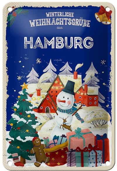 Blechschild Weihnachtsgrüße aus HAMBURG Geschenk Dekoration 12x18cm