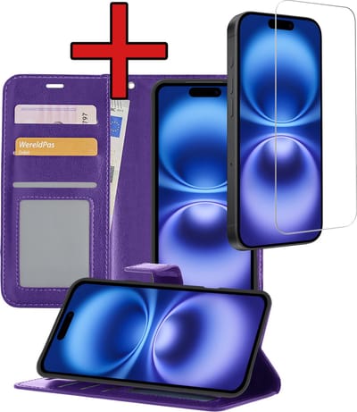 Hoesje - Met Screenprotector - Geschikt voor Apple iPhone 16 - Luxe Pasjeshouder - Flipcase - Bookcase Portemonee - Flip Case - Kunstleer Book Case - Book Cover - Walletcase - Portemonneehoes - Telefoonhoes - Paars