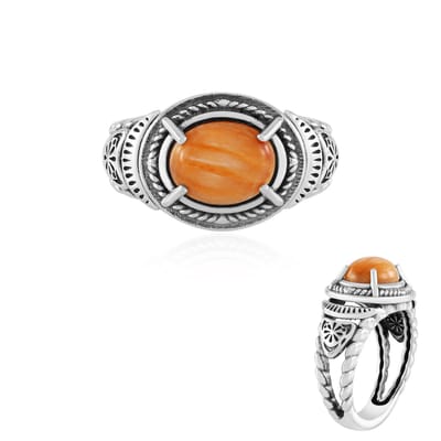 Cavill - Zilveren Ring 925 Sterling Geoxideerd - Oranje Stekelige Oester 2,115 ct - Ovaal Cabochon - Handgemaakt - Mexicaanse Edelsteen