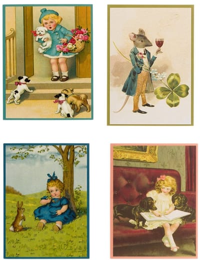 Nostalgische kaarten - 4 stuks - Franz_Josef - Klassieke Vintage afbeeldingen - nostalgische ansichtkaarten - prentbriefkaart - dieren - kinderen - Feestelijk - verjaardag -Oude Brocante briefkaarten