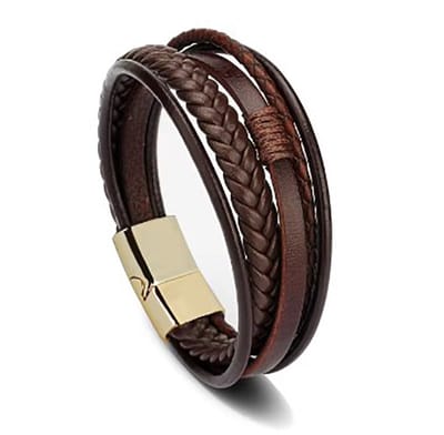 Actie4you® - Leren Armband met 5 Lijnen - RVS - Magnetische Sluiting – 21 cm – Armband – Unisex – Armband voor Heren - Bruin met Gouden sluiting