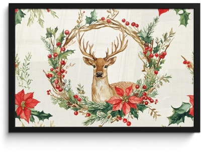 Poster in lijst - Fotolijst 60x40 cm - Posters - Kerstkrans - Hert - Hulst - Rood - Posterlijst zwart - Decoratie - Wanddecoratie woonkamer - Muurdecoratie slaapkamer - Kerstversiering - Kerstdecoratie voor binnen - Kerstmis