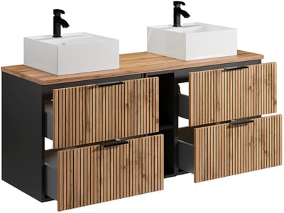 Vente-unique Geribbeld hangmeubel voor badkamer met nissen en dubbele vierkante opbouwwastafel - Licht naturel - L140 cm - MADELA