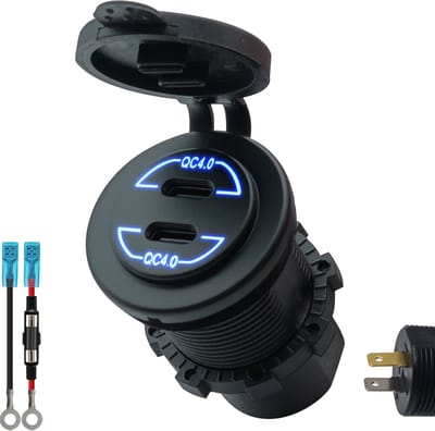 ProRide 12V USB C Autolader 2 Poorten Inbouw - 30W - QC4.0 - met Aansluitkabel 60cm en Glaszekering 10A - Blauw