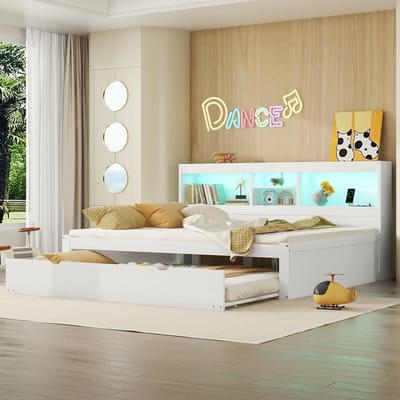 Slaapbank Met Uitschuifbed - 140x200 Cm - Met Ledverlichting, Opbergvak, Stopcontact + USB - Wit - Zonder Matras