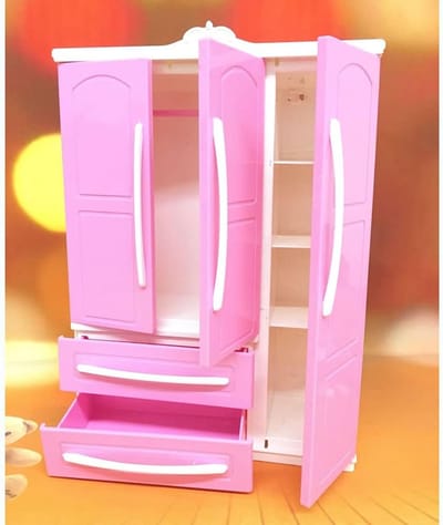 Poppenkast Garderobe - Mini Meubels - Poppenhuis Inrichten - Met Lade Spiegel - 26 cm - Roze