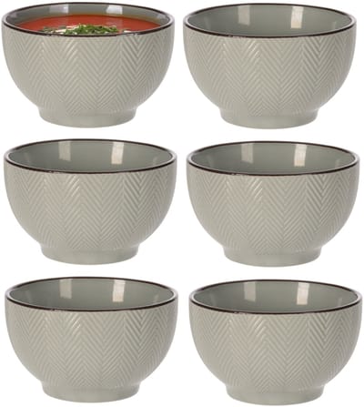 Siaki Soepkom Fishbone - 6x - lichtgrijs - 14 x 8 cm - keramiek - kommetjes/schaaltjes - 680 ml