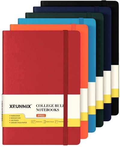 Xrunmix Gelinieerd dagboek notitieboeken voor werk, 160 pagina's tijdschriften, 14,5 x 20,3 cm, 100 g/m² papier, hardcover tijdschriften, geassorteerd 6 kleuren