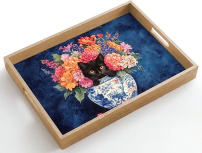 Dienblad hout 50x35 cm - Schootdienblad - Kat - Felgekleurde bloemen - Vaas - Borrelplank rechthoek - Plateau dienbladen
