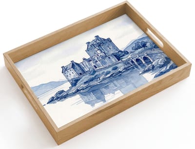 Dienblad hout 40x30 cm - Schootdienblad - Schots - Kasteel - Blauw - Aquarel - Borrelplank rechthoek - Plateau dienbladen