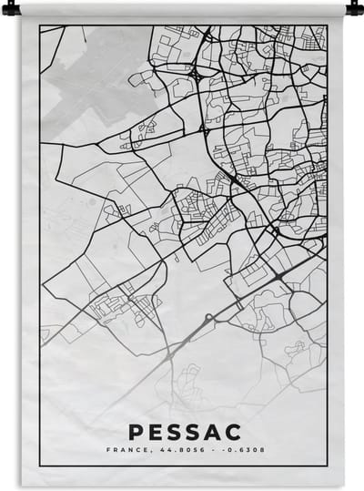 Wandkleed - Wanddoek - Kaart - Stadskaart - Frankrijk - Plattegrond - Pessac - Zwart wit - 120x180 cm - Wandtapijt