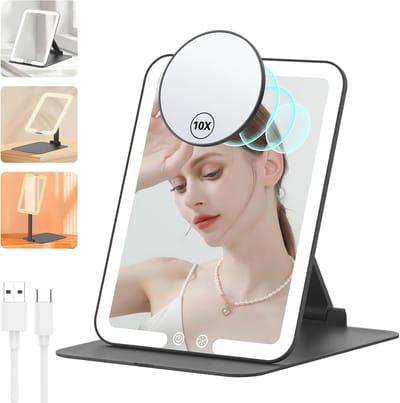 Verlichte make-upspiegel - Reisspiegel opvouwbaar - Make-up aanbrengen - 10x magnetische vergroting - 1800 mAh batterij - Zwart