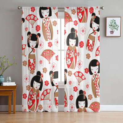 Rideau Kimono japonais Geisha pour femme, en Tulle Transparent, pour salon, fenêtre transparente pour la chambre à coucher, accessoires de décoration W50H130(CM)x2pcs&Grommet Top white