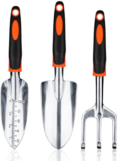 Dailygoods - Bamworld 3-delig tuingereedschapset zwaar gebruik, tuinset van aluminiumlegering met ergonomisch handvat, inclusief plantenschep, verplantingsschop en handhark voor perk en gazon, Oranje