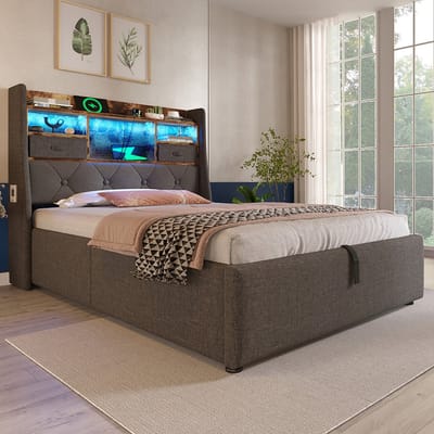 YEHTOKHOME Gestoffeerd bed 90x200 cm met LED verlichting, USB C-type oplaadfunctie, Opslaghoofdsteun, Eenpersoonsbed met hydraulische opbergruimte, Opbergbed, Grijs Linnen (zonder matras)