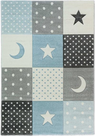 Karpet24 Pastel kids – Zacht Kinderkamer Vloerkleed met Sterren en Manen in Blauw-Grijs -80 x 150 cm