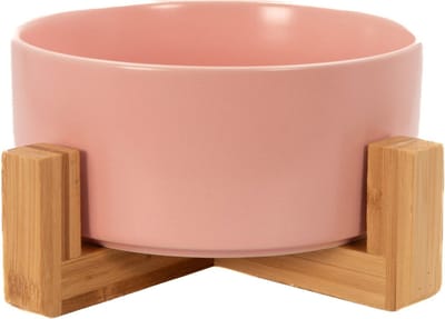 Intirilife Etensbak keramisch met rekje in Roze - Totale afmetingen 20.5 x 8.5 cm - Bak 15.5 x 6.5 cm - Inhoud van 800 ml - Voerbak, waterbak voor honden en katten met bamboehouder