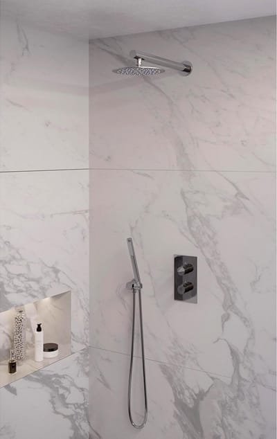 Brauer Chrome Edition thermostatische inbouw regendouche 3-weg omstelling SET 26 met 30 cm douchekop en rechte muurarm en staaf handdouche en doucheslang en wandaansluitbocht chroom