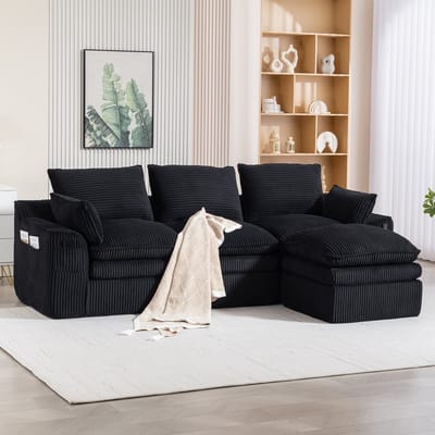 Wishdor - Modulaire Hoekbank Met Hocker En Opbergvakken - Cord - Zwart - 263 x 167 x 85 cm