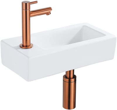 QeramiQ Fuente Fonteinset - 37.5x18.5x9cm - keramiek - kraangat links - fonteinkraan geborsteld koper - afvoerplug - verlaagd sifon - Mat wit