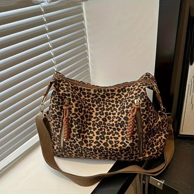 Sac Cabas Grande Capacité Imprimé Léopard Mode Sac à Bandoulière Décontracté pour Femme Sac Bandoulière Simple Vintage Sac de Shopping à Fermeture Éclair Motif Léopard Tendance brun foncé