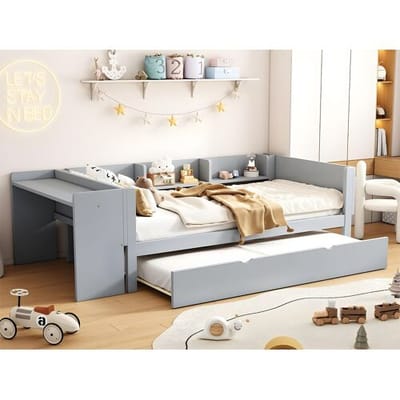 ModernLuxe Eenpersoonsbed 90x200 cm met onderschuifbed - met bureau ernaast - Grijs