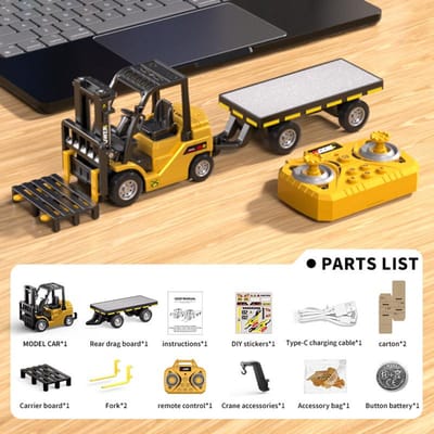 164 Mini Afstandsbediening Heftruck Bureau Legering Speelgoedauto met Trailer 2.4G RC Graafmachine Spel Techniek Vrachtwagen Kinderspeelgoed Cadeau geel
