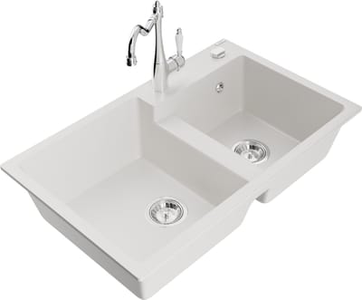 Mexen Tomas granieten spoelbak met 2 kamers en een Carla keukenmengkraan, wit - 6516-20-670700-00