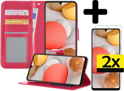 Hoesje - Met 2x Screenprotector - Geschikt voor Samsung Galaxy A42 - Luxe Pasjeshouder - Bookcase Portemonee - Flip Case - Kunstleer Book Case - Flipcase Hoes - Book Cover - Walletcase - Portemonneehoes - Telefoonhoesjes - Donkerroze