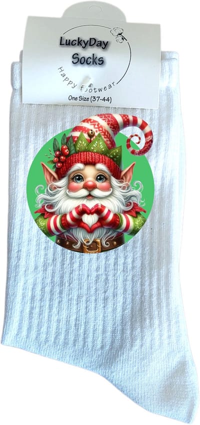LuckyDay Socks - Kerst elf - Kerstsokken dames en heren - Kerst kado - Kerstcadeau - Kerst feest - Kerstcadeautjes - Foute sokken - Vrolijke sokken - Grappige sokken - Socks maken je Happy - Maat 37-44 - Tennis sokken -