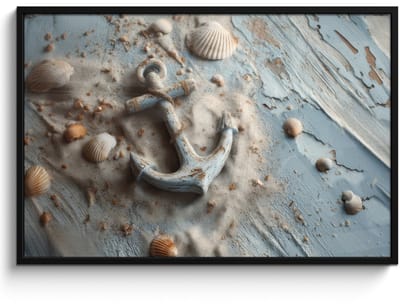 Poster in lijst - Fotolijst 120x80 cm - Posters - Anker - Hout - Schelpen - Zand - Posterlijst zwart - Decoratie - Wanddecoratie woonkamer - Muurdecoratie slaapkamer