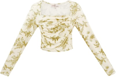 Elegante Crop Top met Lange Mouwen en Bloemenprint - Beige - Maat L