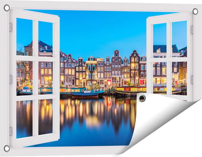 Gards Tuinposter Doorkijk Amsterdamse Huisjes in de Avond met Lichten - 60x40 cm - Tuindoek - Tuindecoratie - Wanddecoratie buiten - Tuinschilderij