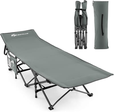 GOPLUS Veldbed, inklapbaar, campingbed met afgeschuinde hoofdsteun, zijzak en draagtas, tot 272 kg belastbaar, campingstoel, X-vormig metalen frame voor reizen, indoor, outdoor, strand