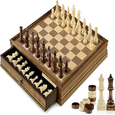 Hoogwaardige Houten Schaakset 2-in-1 – Magnetisch Schaakbord van Walnoothout – Met Opberglade – 32 × 32 cm
