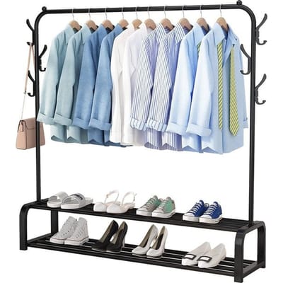 Avalo Industrieel Kledingrek - Garderoberek / Kledingrek met Schoenenrek en Haken - Zwart Metaal 110x33x150 cm - Dressboy