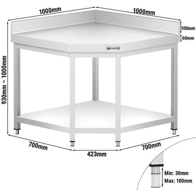GGM Gastro Edelstahl Eckarbeitstisch PREMIUM - 1000x700mm - mit Grundboden & Aufkantung Zilver